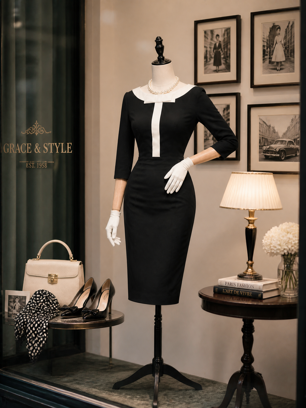 1960s Vintage Black & Ivory Bow-Neck Sheath Midi Dress