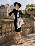 Vintage Black Striped-Panel Belted Sheath Midi Dress