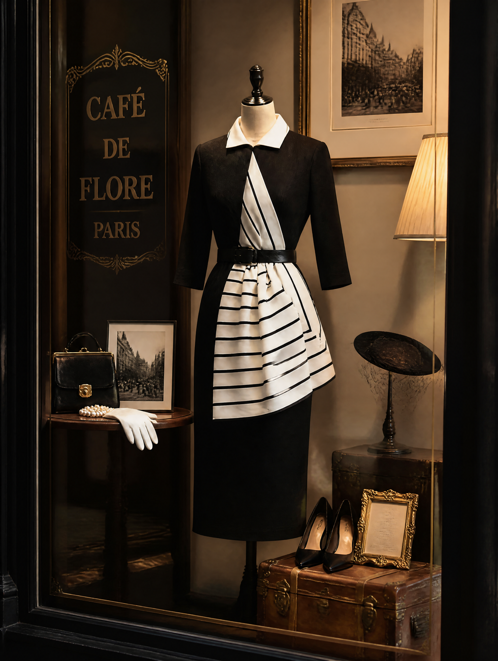 Vintage Black Striped-Panel Belted Sheath Midi Dress