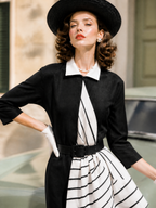 Vintage Black Striped-Panel Belted Sheath Midi Dress