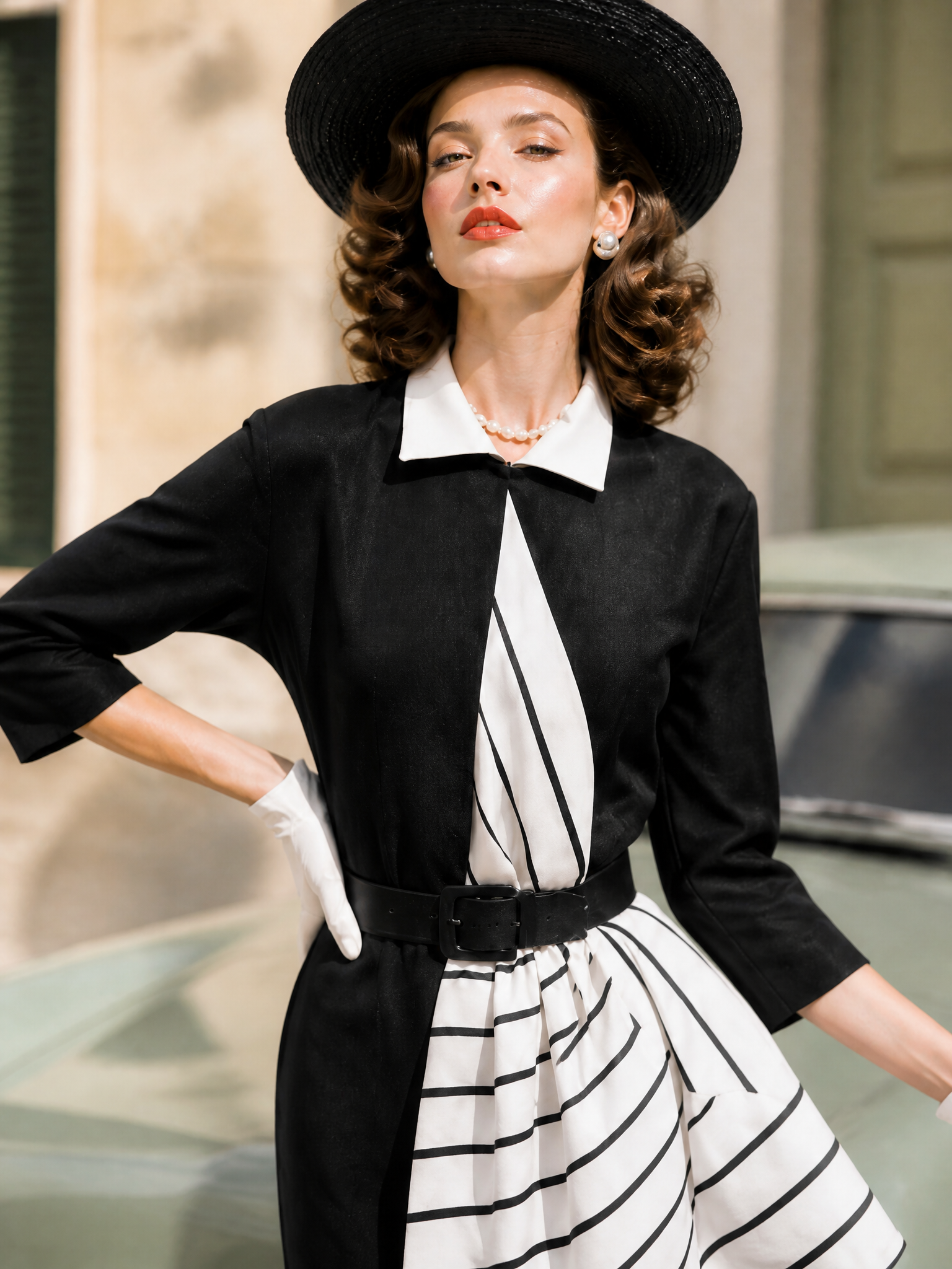Vintage Black Striped-Panel Belted Sheath Midi Dress