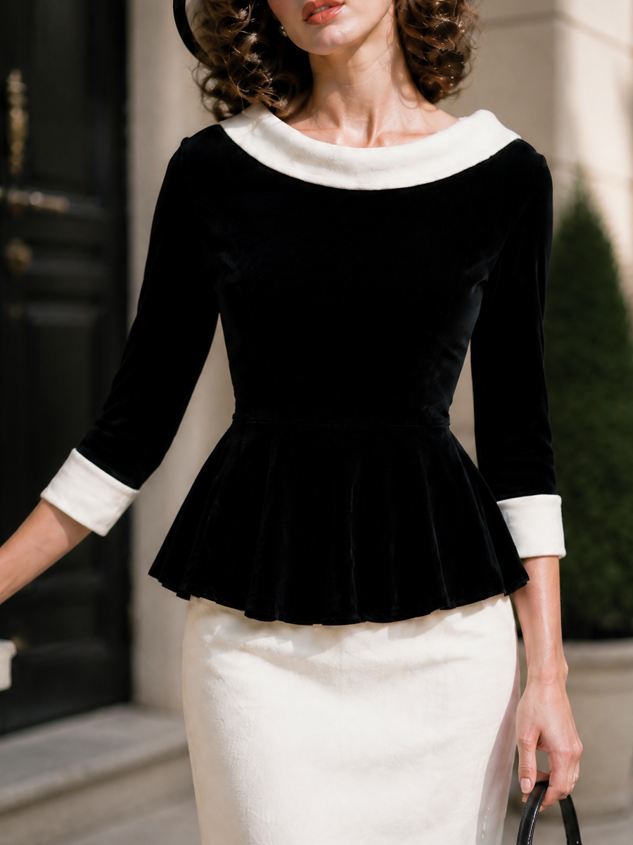 Old-Money Black Velvet Ivory Boat-Neck Pleated Peplum Top