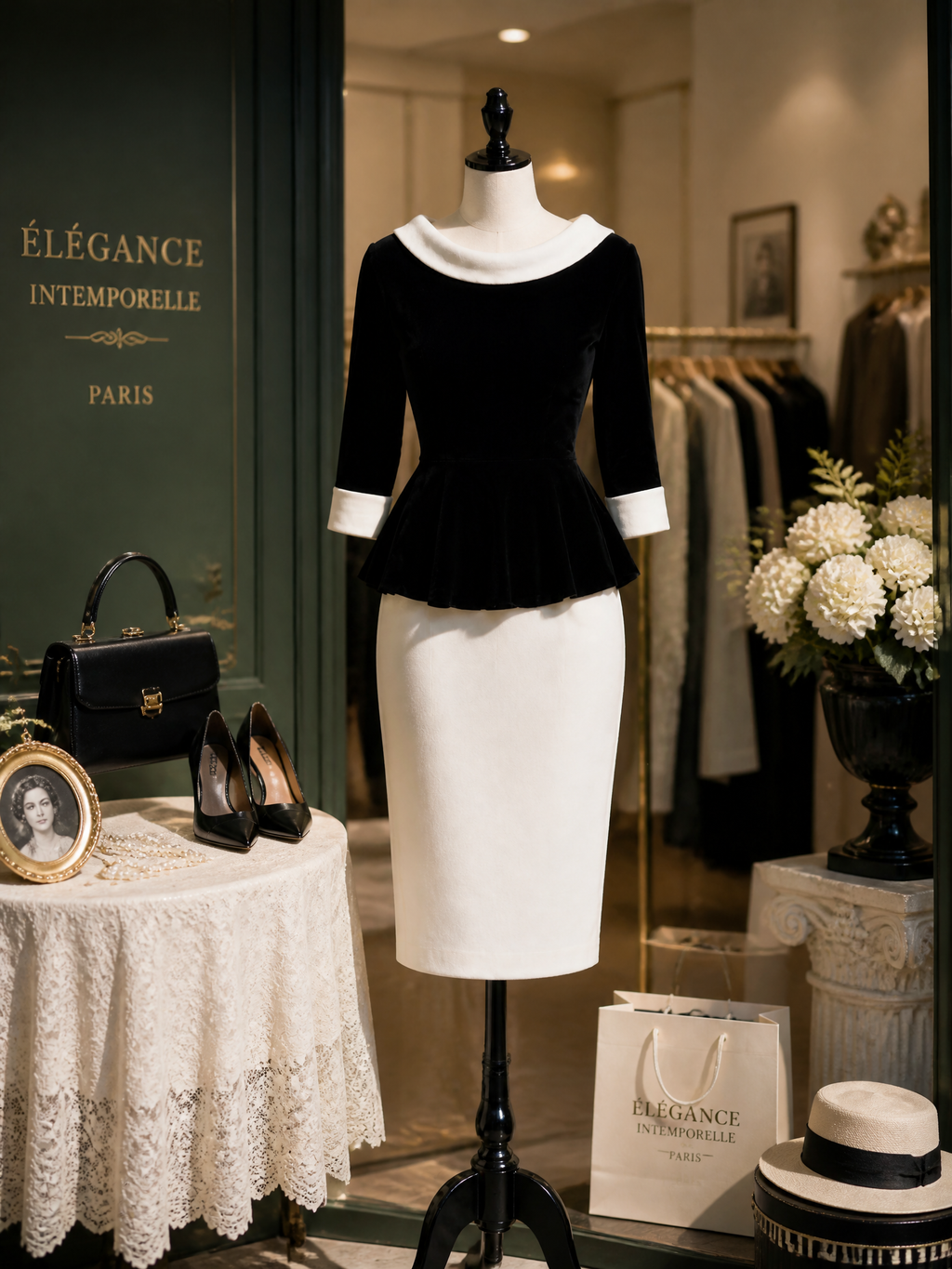 Old-Money Black Velvet Ivory Boat-Neck Pleated Peplum Top