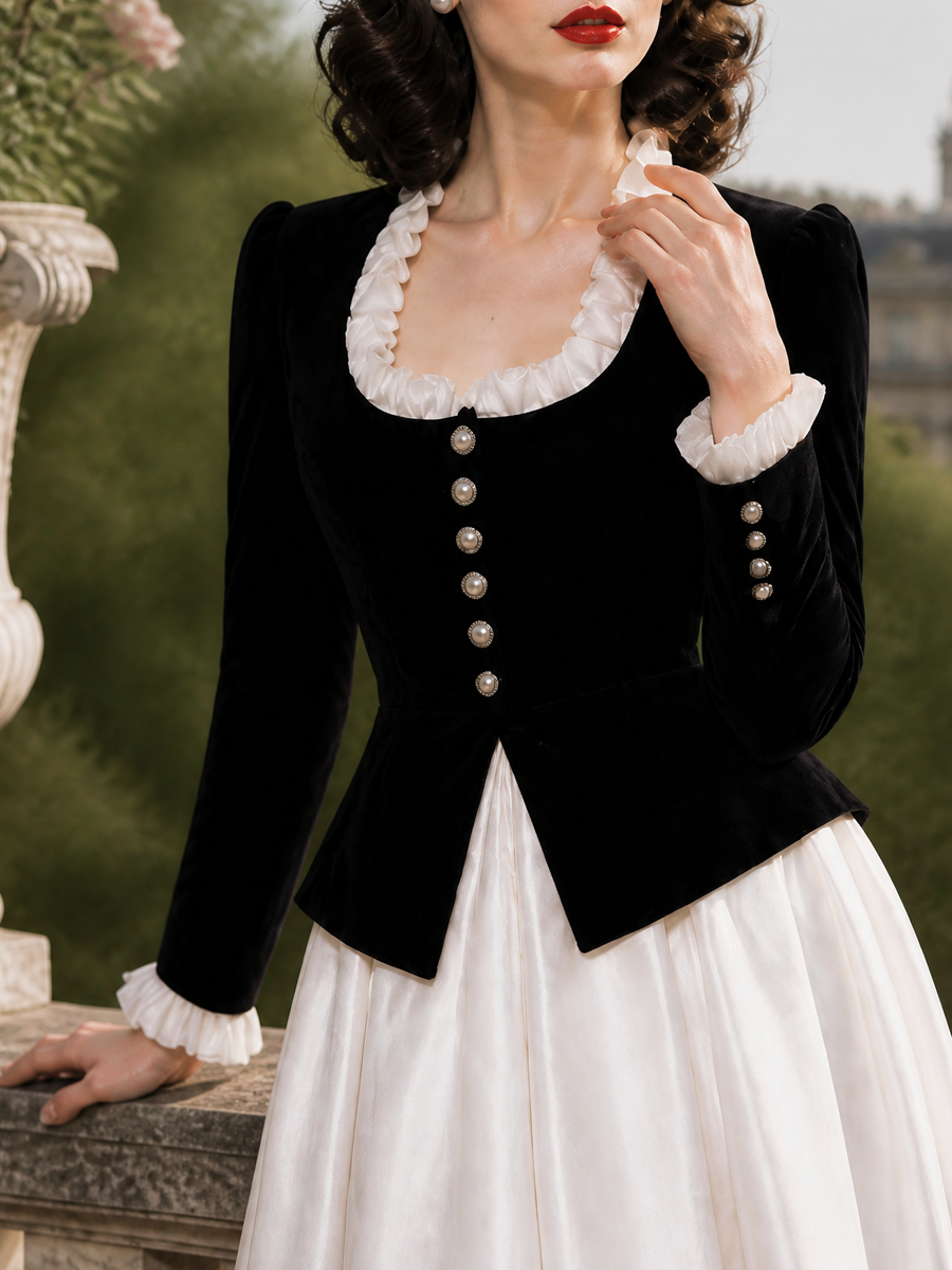 French Vintage Black Velvet Ruffle-Trim Peplum Jacket