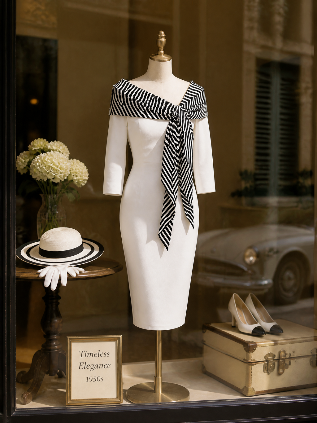 1960s Vintage Elegant Ivory Contrast-Scarf Sheath Midi Dress