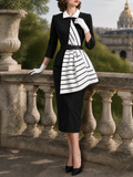 Vintage Black Striped-Panel Belted Sheath Midi Dress