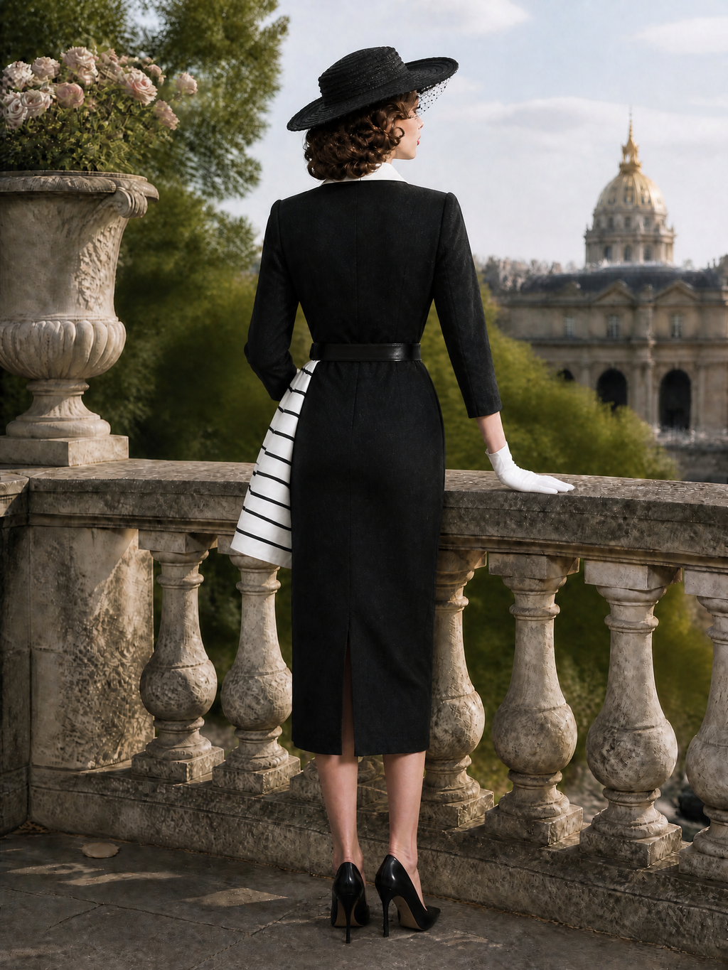 Vintage Black Striped-Panel Belted Sheath Midi Dress