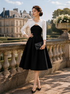 Retro Black Contrast-Bodice Bow-Detail A-Line Midi Dress