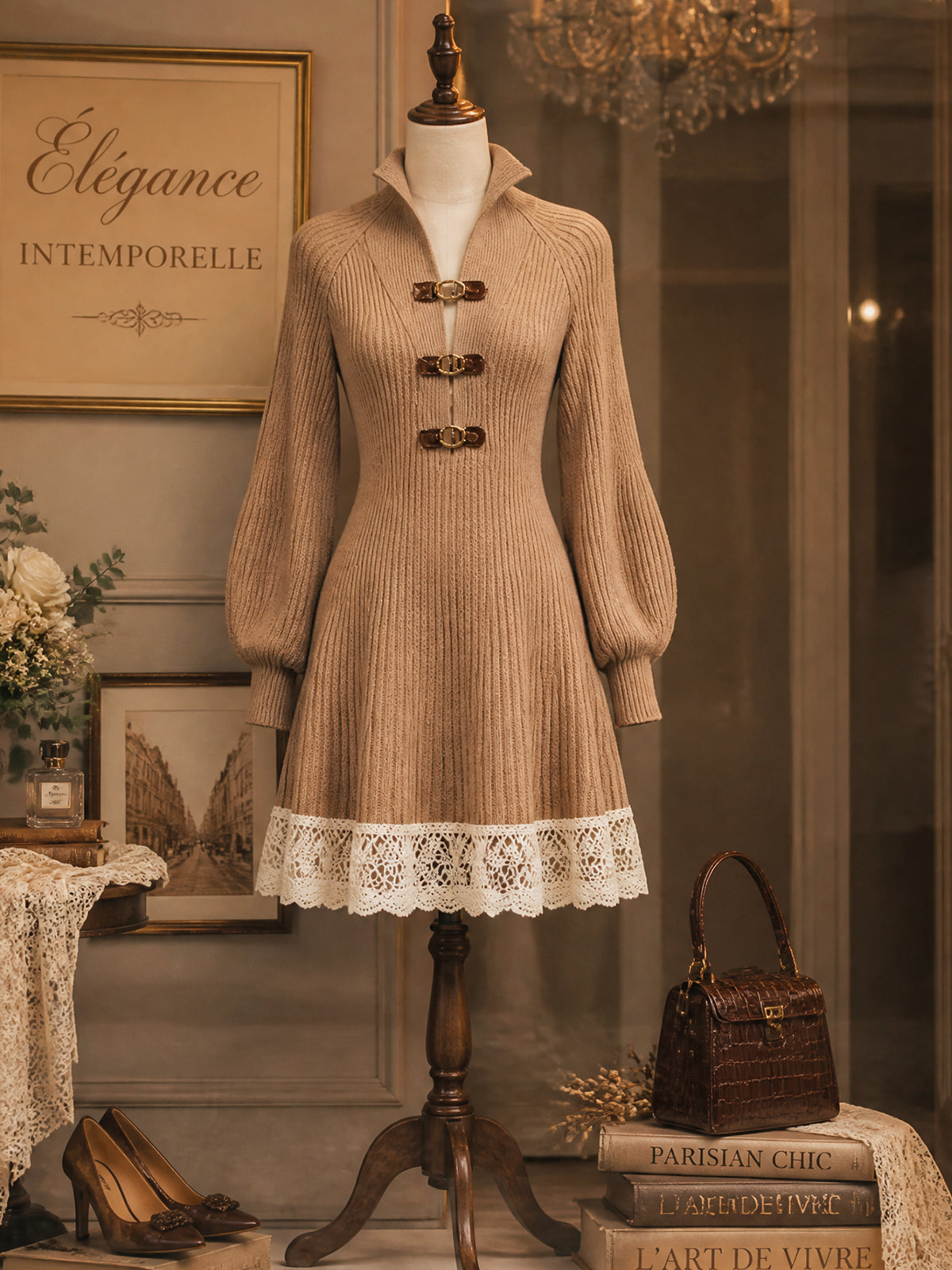 Vintage Camel Toggle-Button Lace-Hem Ribbed Knit Dress