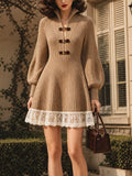 Vintage Camel Toggle-Button Lace-Hem Ribbed Knit Dress
