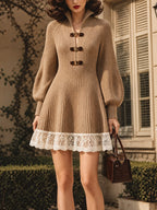 Vintage Camel Toggle-Button Lace-Hem Ribbed Knit Dress