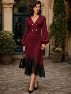 Vintage Burgundy Lace-Hem Belted Knit Midi Dress
