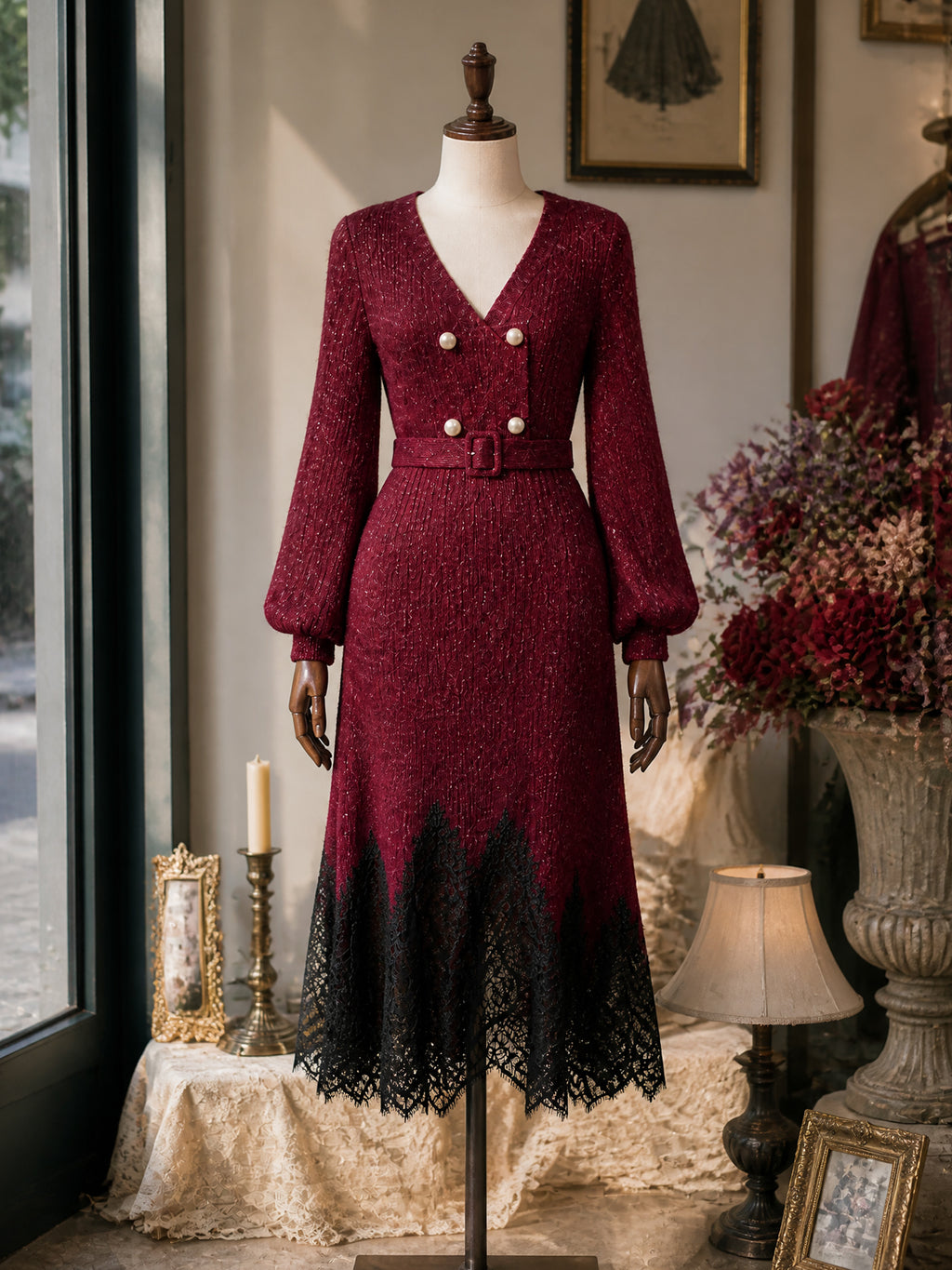 Vintage Burgundy Lace-Hem Belted Knit Midi Dress