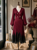 Vintage Burgundy Lace-Hem Belted Knit Midi Dress