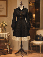 Vintage Black Lace-Hem Toggle-Button A-Line Knit Dress