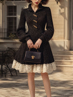 Vintage Black Lace-Hem Toggle-Button A-Line Knit Dress