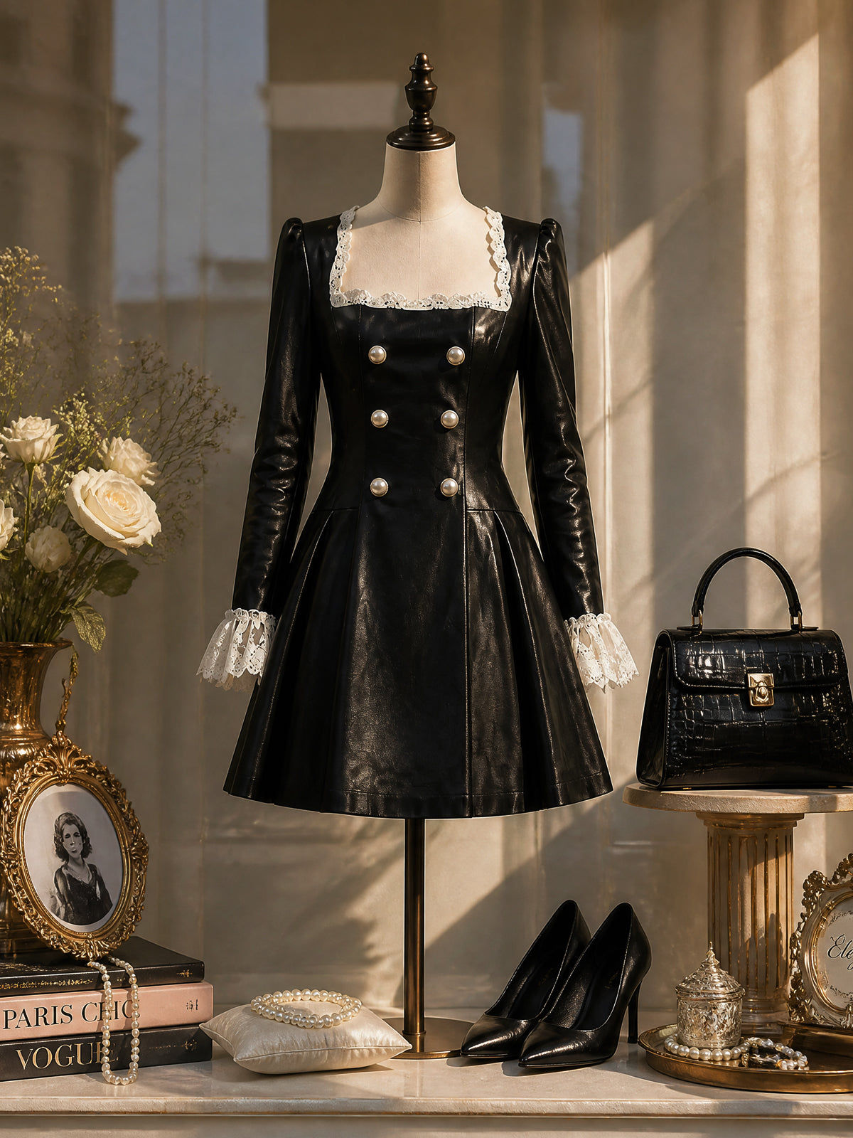 Vintage Black Faux Leather Lace-Trim Mini Dress