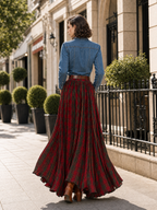 Vintage Versatile Denim Shirt & Red Tartan Plaid Flowy Maxi Skirt Two Piece Set