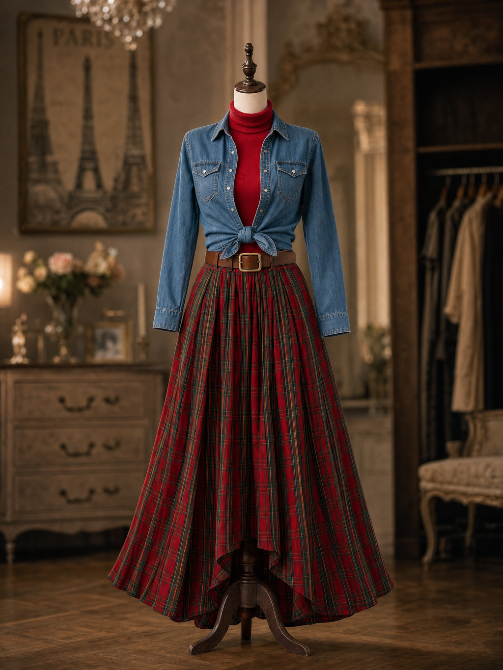 Vintage Versatile Denim Shirt & Red Tartan Plaid Flowy Maxi Skirt Two Piece Set
