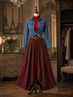 Vintage Versatile Denim Shirt & Red Tartan Plaid Flowy Maxi Skirt Two Piece Set