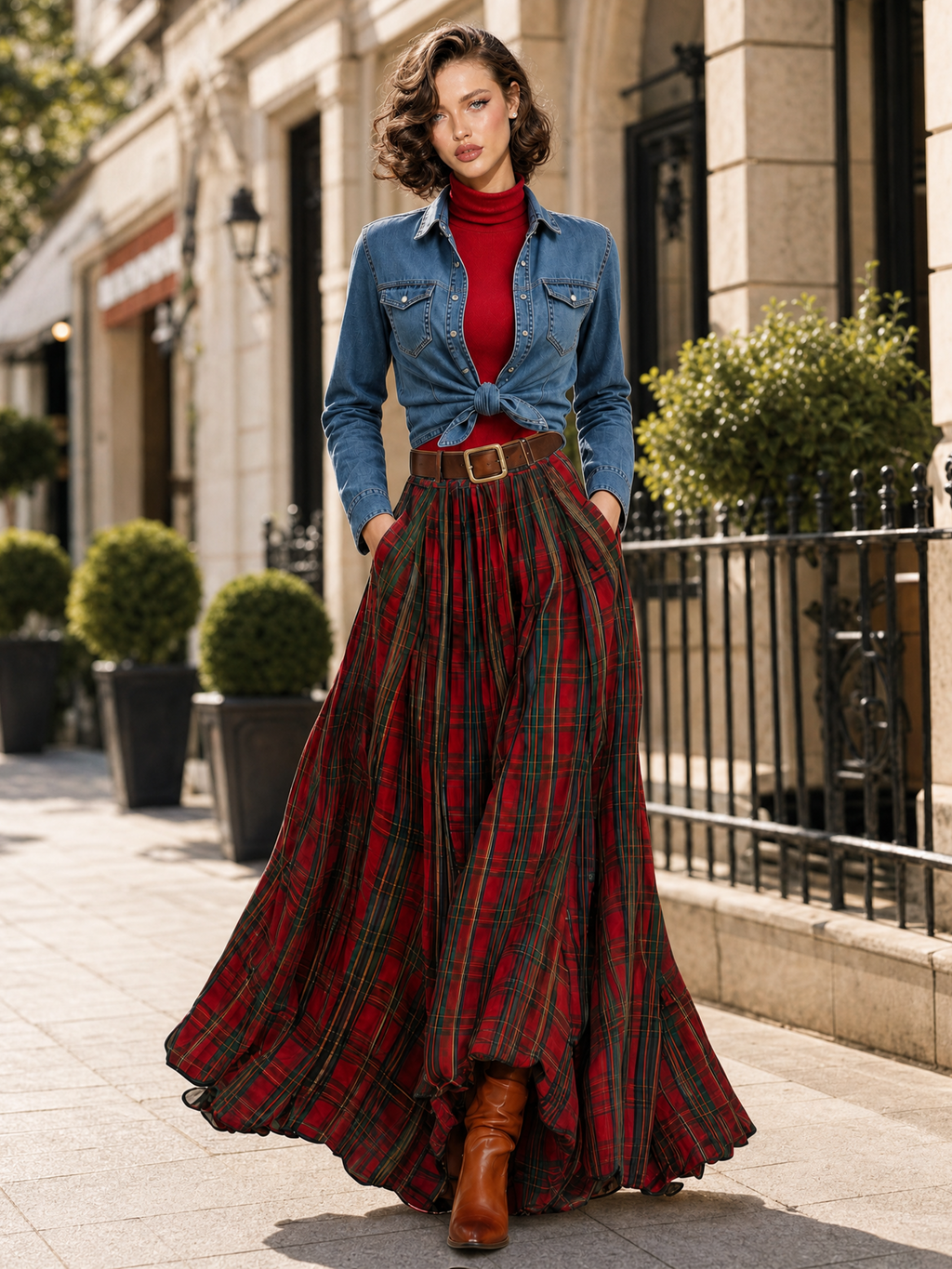 Vintage Versatile Denim Shirt & Red Tartan Plaid Flowy Maxi Skirt Two Piece Set
