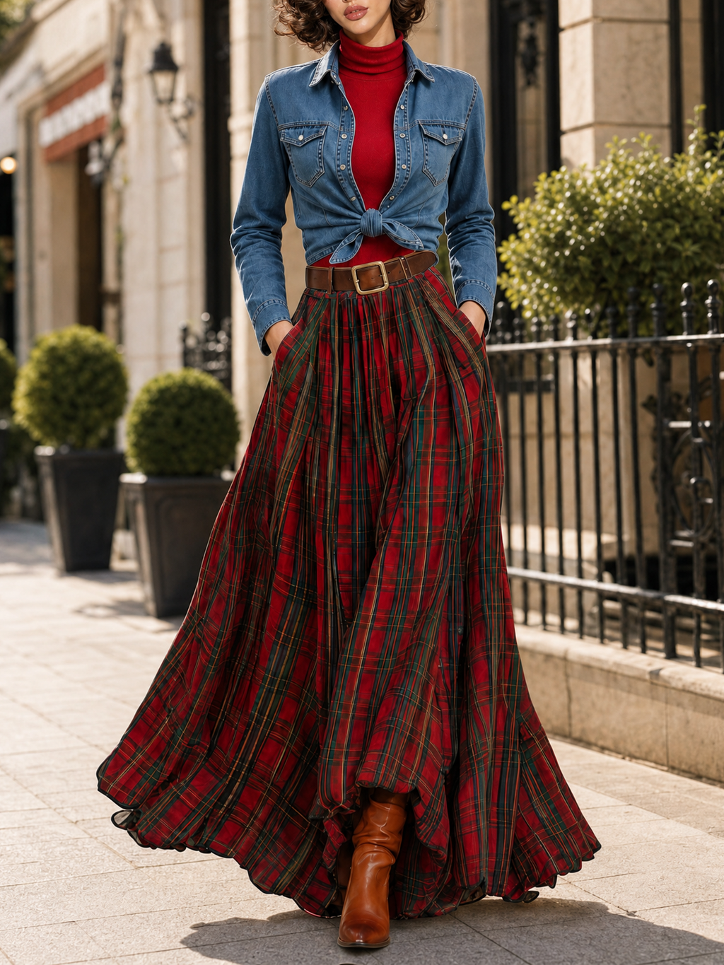 Vintage Versatile Denim Shirt & Red Tartan Plaid Flowy Maxi Skirt Two Piece Set