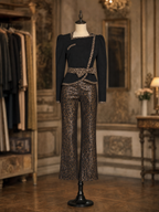 Vintage Leopard Trim Top & Faux Leather Straight‑Leg Pants Set