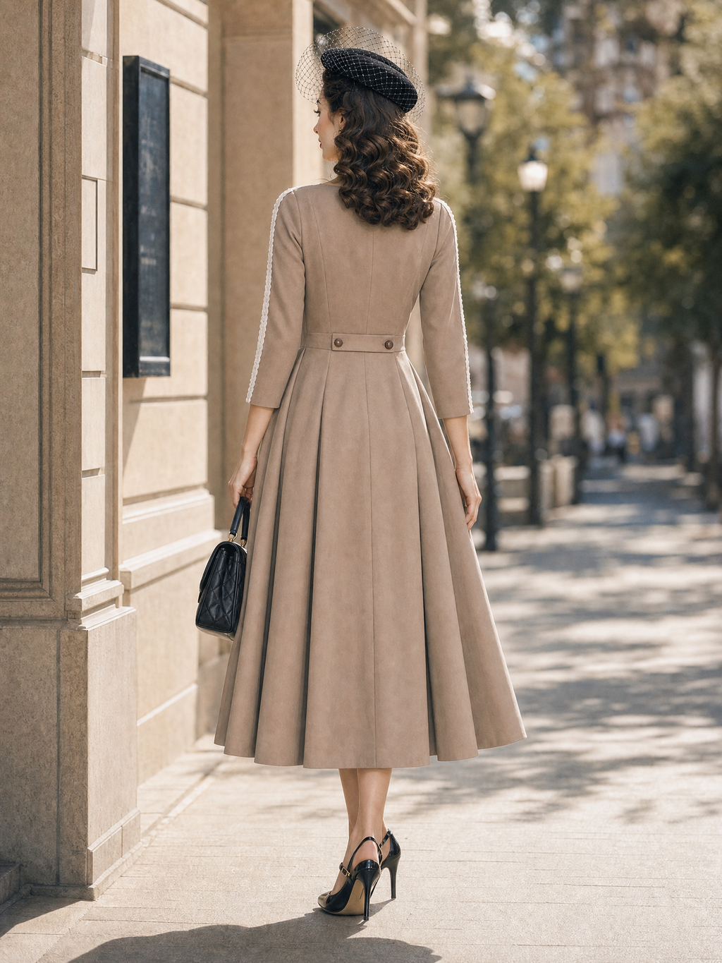Vintage 1950s Double Breasted Lace Trim Swing Midi Dress
