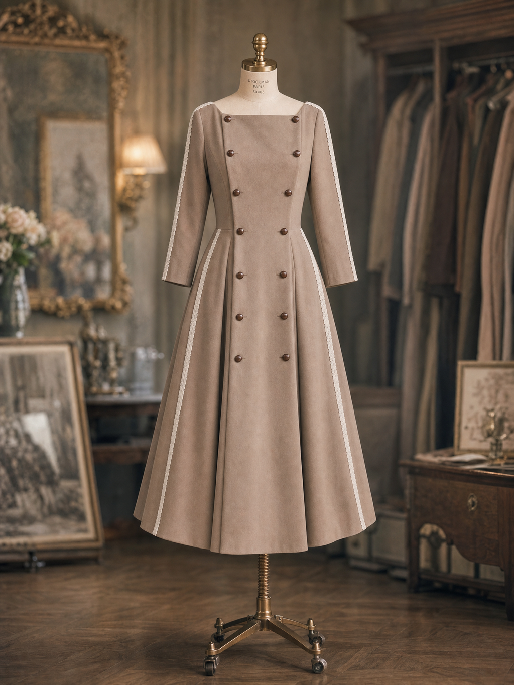 Vintage 1950s Double Breasted Lace Trim Swing Midi Dress