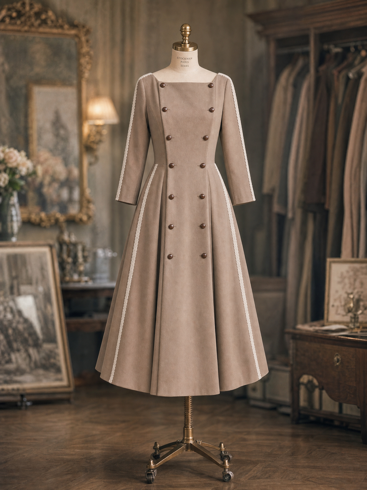 Vintage 1950s Double Breasted Lace Trim Swing Midi Dress