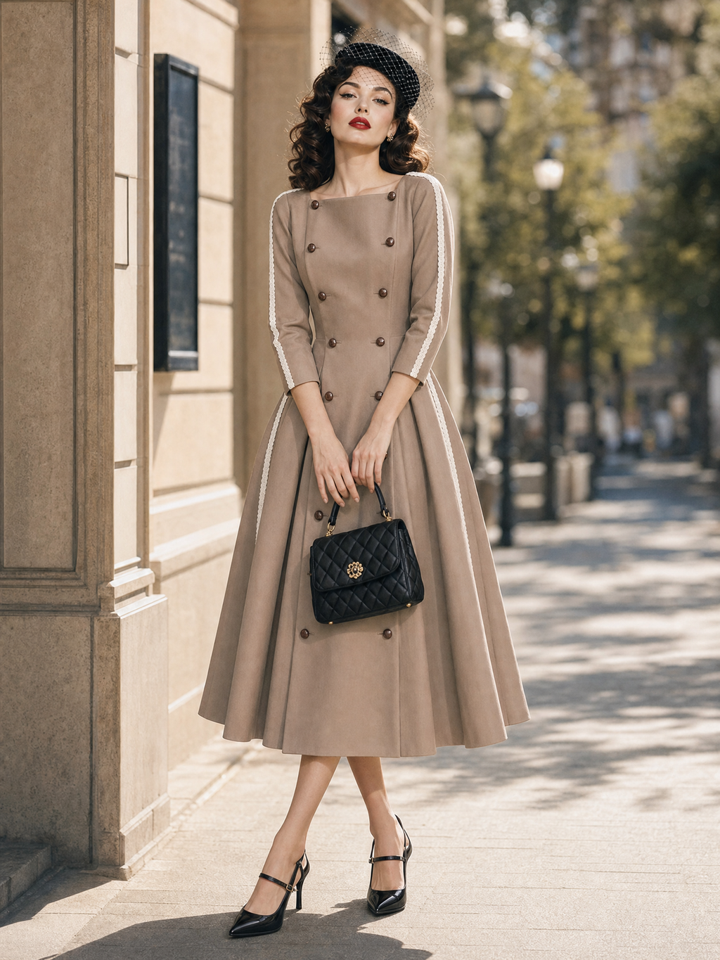 Vintage 1950s Double Breasted Lace Trim Swing Midi Dress