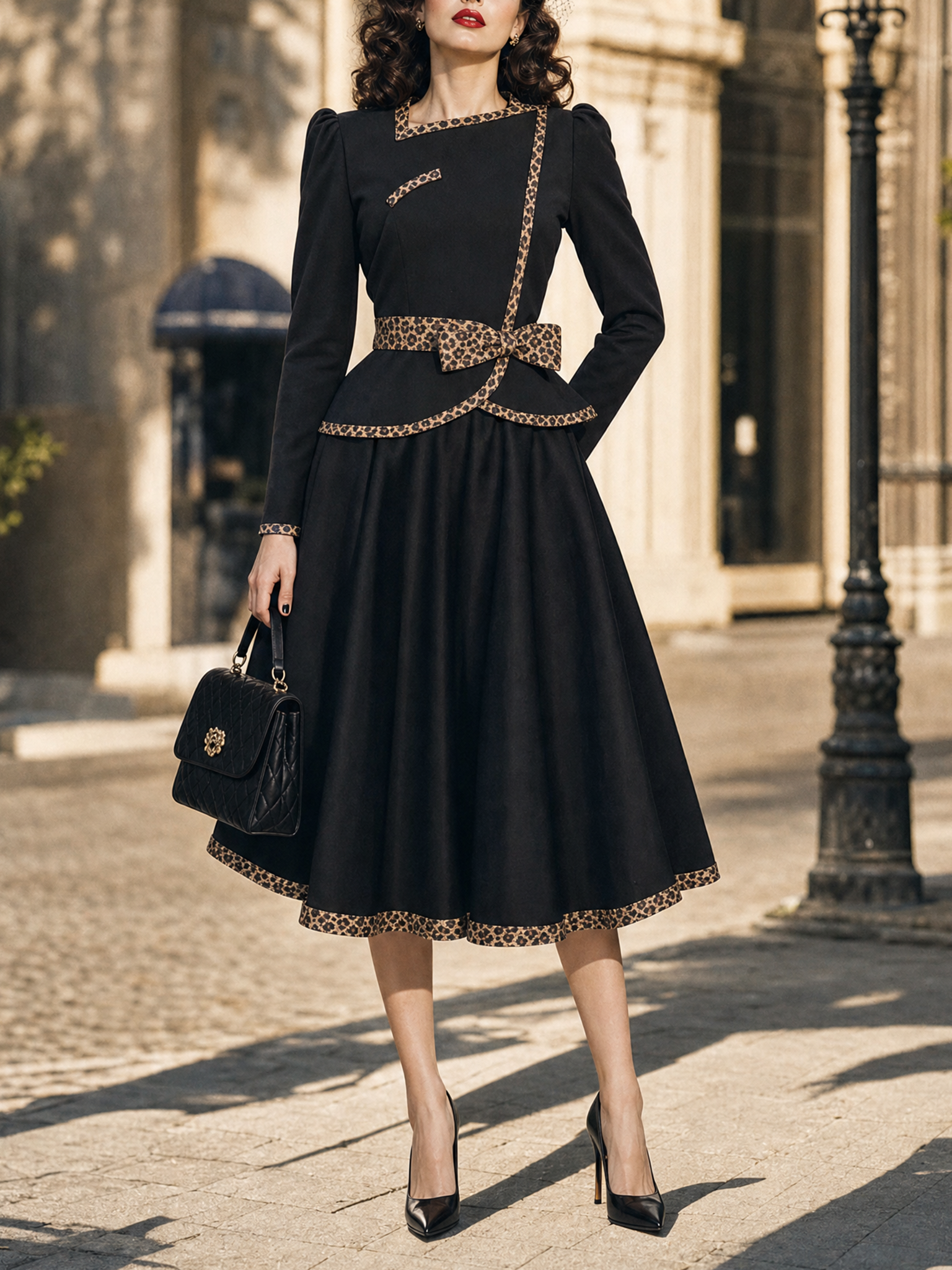 Vintage Leopard Trim Peplum Top & Midi A‑Line Skirt Two‑Piece Set