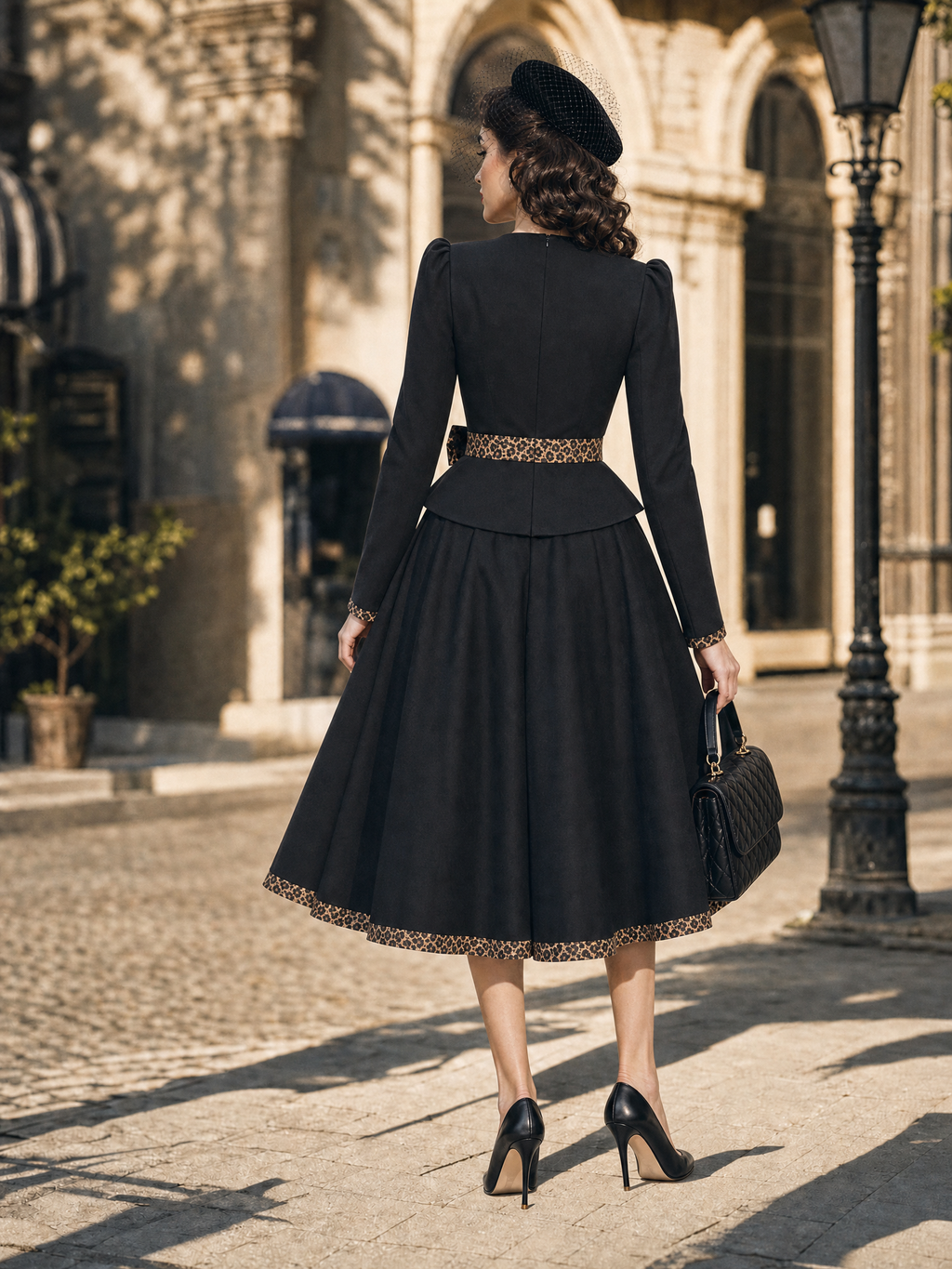 Vintage Leopard Trim Peplum Top & Midi A‑Line Skirt Two‑Piece Set