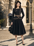Vintage Leopard Trim Peplum Top & Midi A‑Line Skirt Two‑Piece Set
