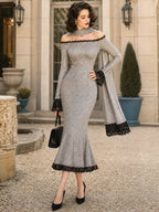Vintage Grey Off-Shoulder Knit Dress With Scarf
