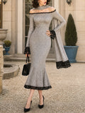 Vintage Grey Off-Shoulder Knit Dress With Scarf