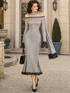 Vintage Grey Off-Shoulder Knit Dress With Scarf