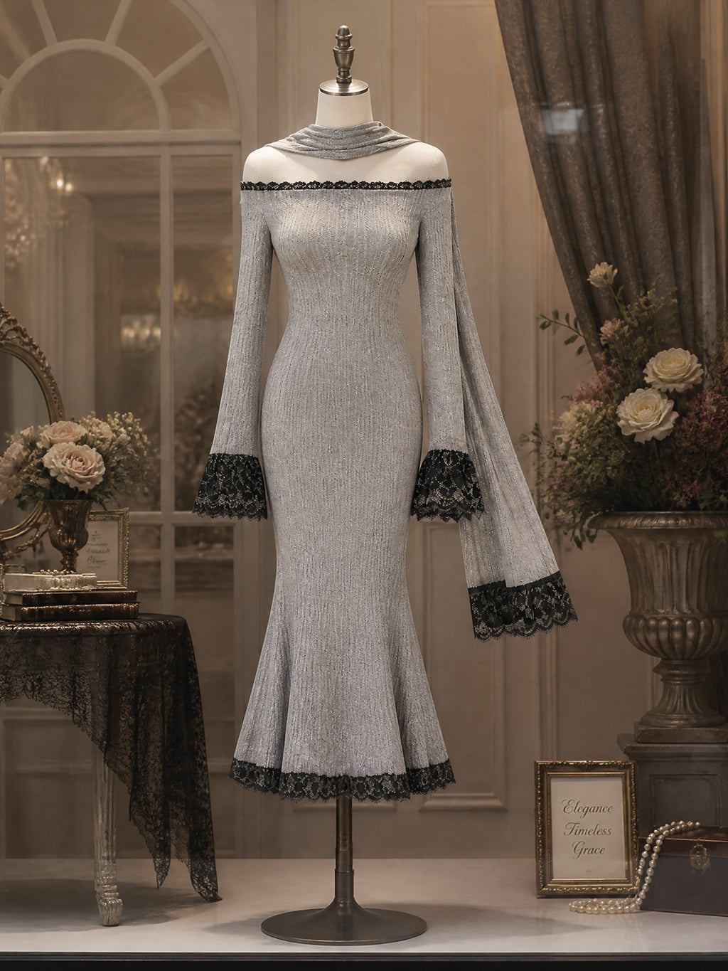 Vintage Grey Off-Shoulder Knit Dress With Scarf