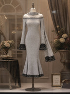 Vintage Grey Off-Shoulder Knit Dress With Scarf