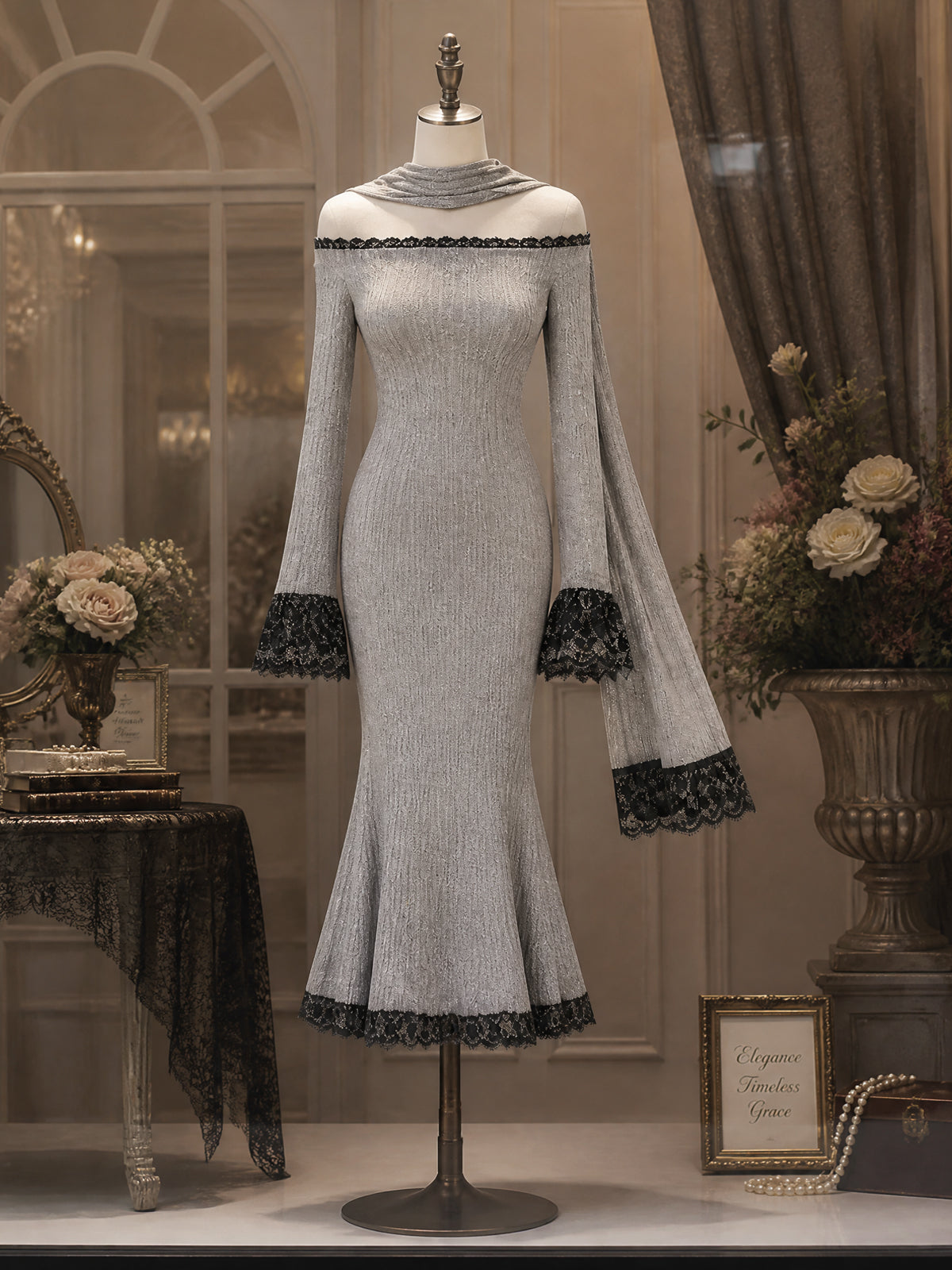 Vintage Grey Off-Shoulder Knit Dress With Scarf