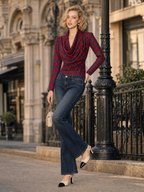 Vintage Red Tartan Plaid Cowl Neck Long Sleeve Ruched Wrap Versatile Top