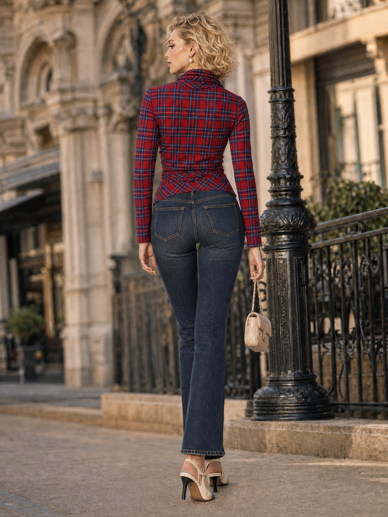 Vintage Red Tartan Plaid Cowl Neck Long Sleeve Ruched Wrap Versatile Top