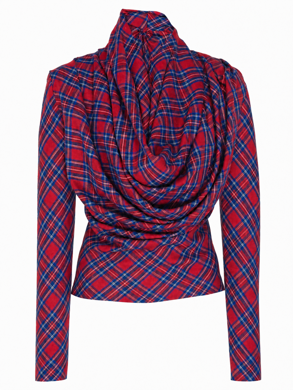 Vintage Red Tartan Plaid Cowl Neck Long Sleeve Ruched Wrap Versatile Top