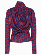 Vintage Red Tartan Plaid Cowl Neck Long Sleeve Ruched Wrap Versatile Top