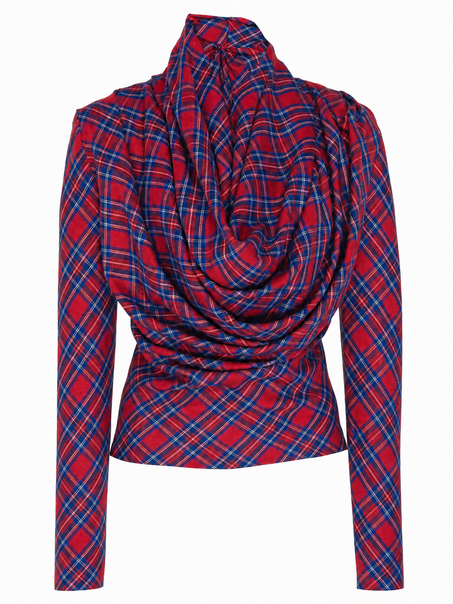 Vintage Red Tartan Plaid Cowl Neck Long Sleeve Ruched Wrap Versatile Top