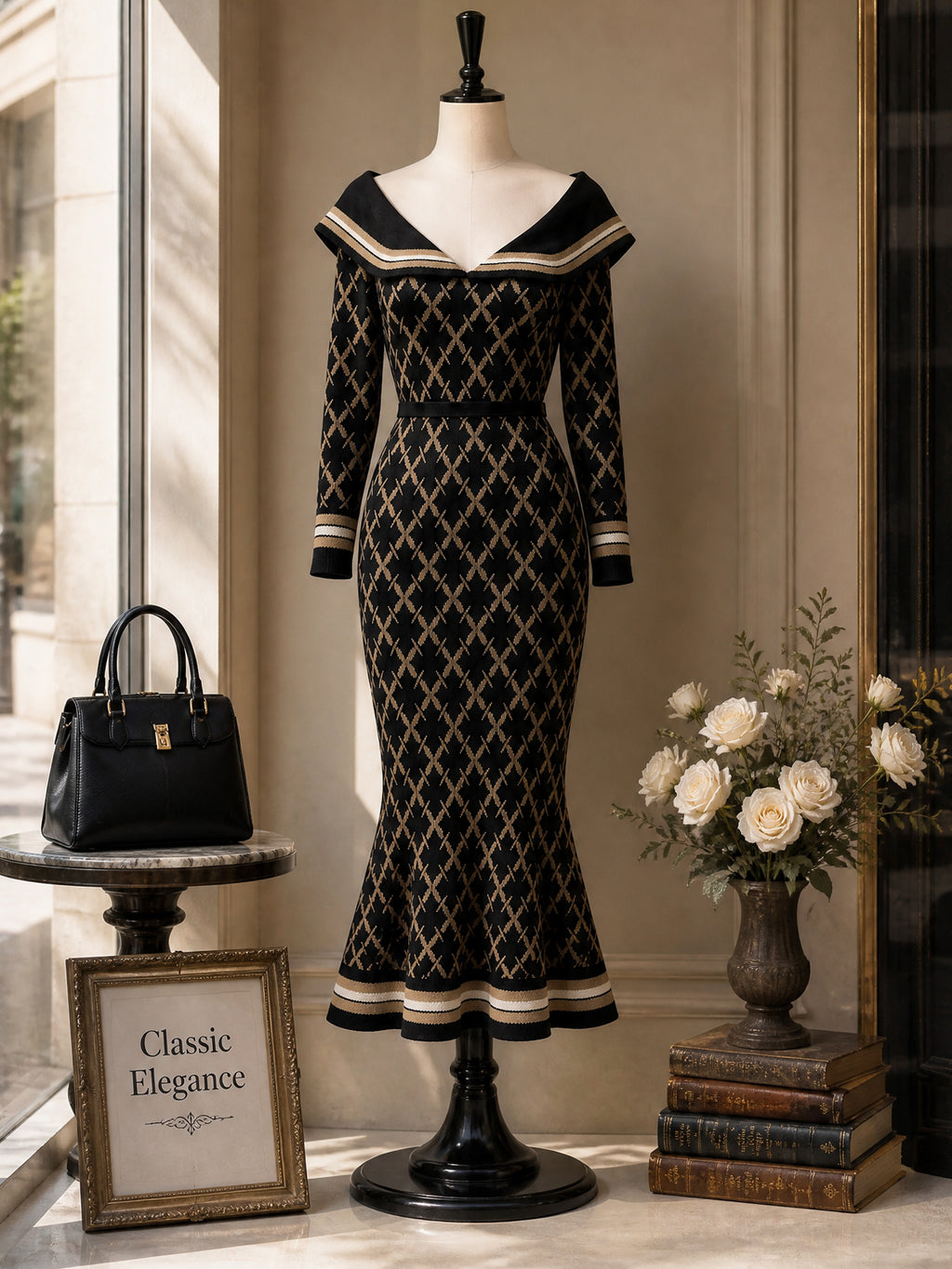 Vintage Black Collared Knit Fishtail Dress