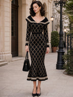 Vintage Black Collared Knit Fishtail Dress