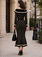 Vintage Black Collared Knit Fishtail Dress