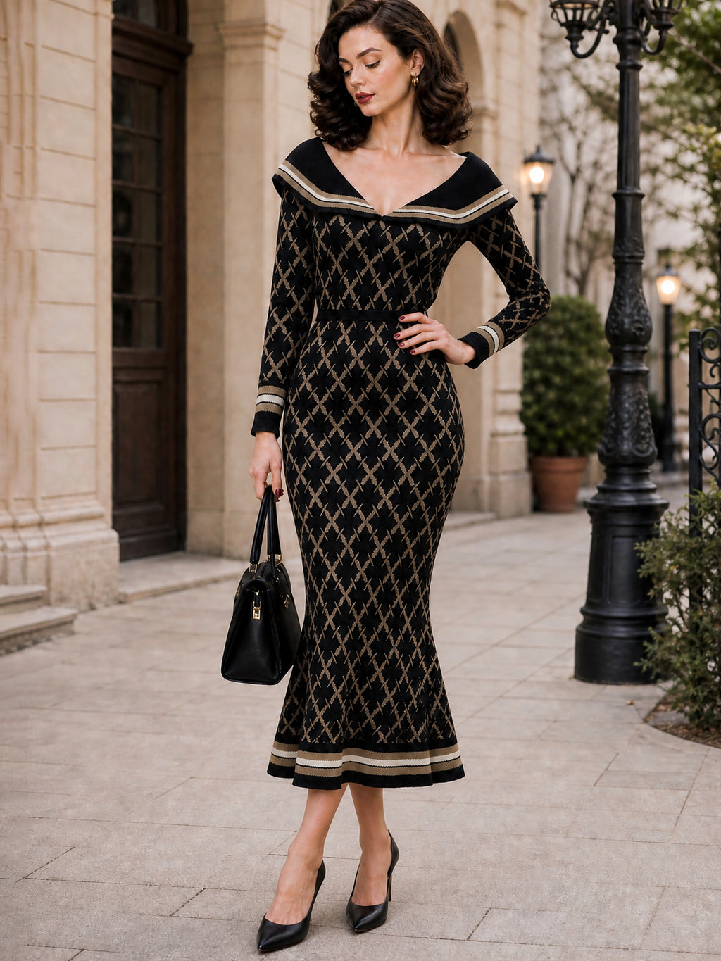 Vintage Black Collared Knit Fishtail Dress