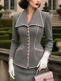 Vintage Grey Pink-Piped Wide-Collar Fitted Peplum Jacket